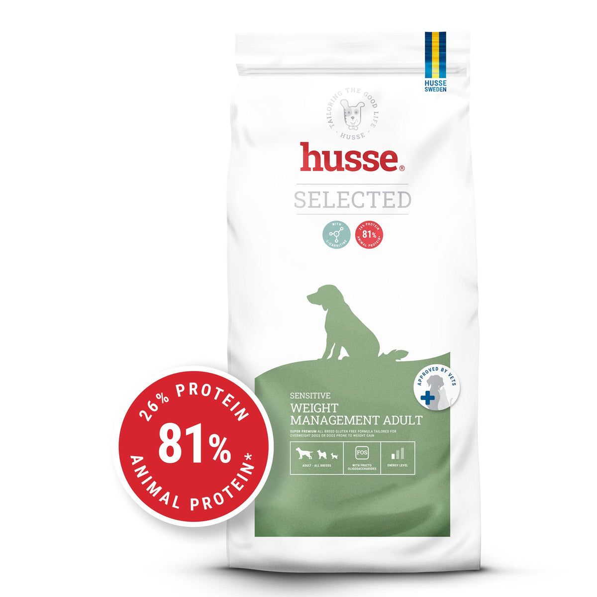 Saco de ração Husse Sensitive Weight Management Adult em branco e verde com selo vermelho de 81% de proteína animal.