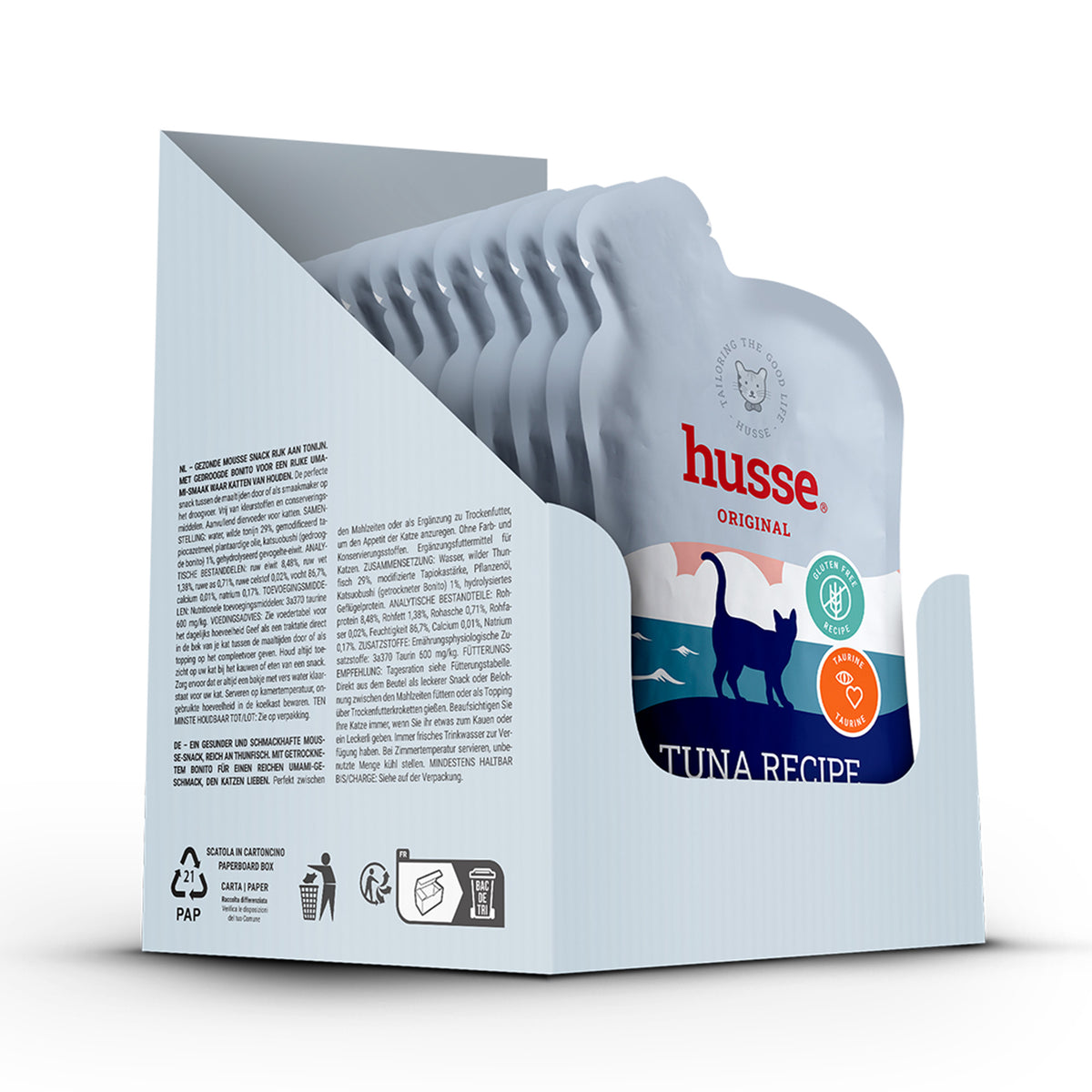 Caixa expositora com saquetas de mousse de atum Husse Original Tuna Recipe para gatos.