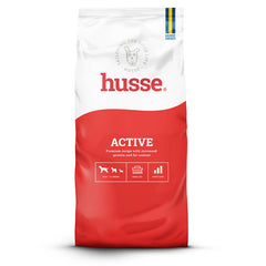 Ração seca Husse Active em saco vermelho e branco para cães adultos com nível de atividade normal a elevado.