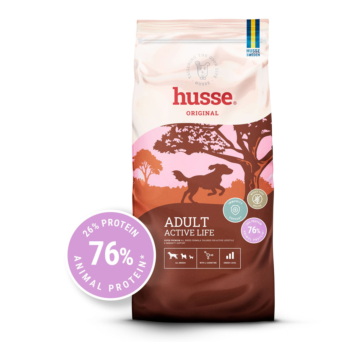 Saco de ração seca Husse Adult Active Life com selo roxo de 76% de proteína animal para cães ativos.