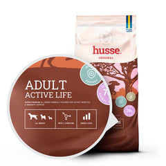 Saco de ração para cães Husse Adult Active Life com ícones de apoio energético e L-carnitina.