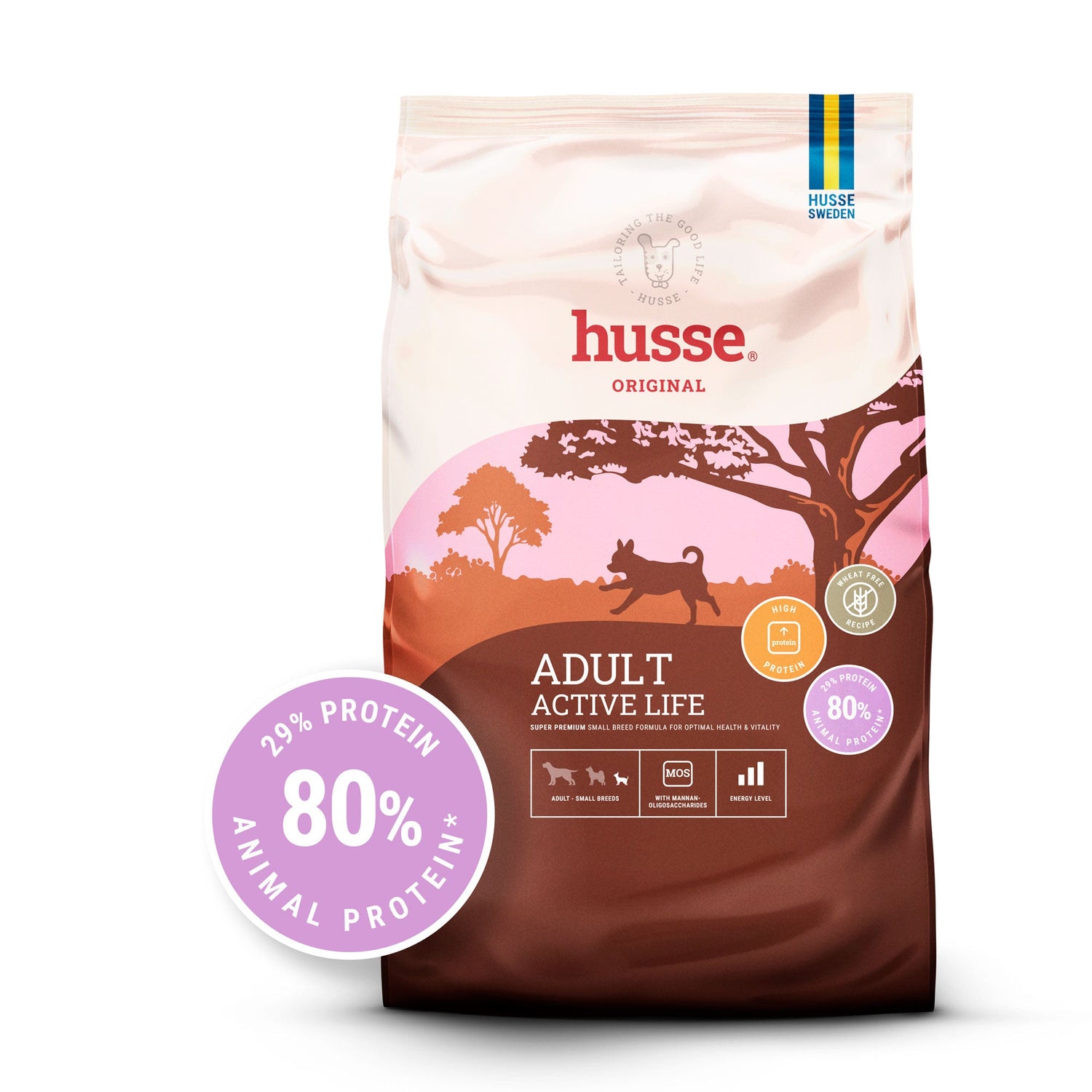 Saco de ração seca Husse Adult Active Life para cães de raças pequenas, com alto teor proteico e paisagem rosa.
