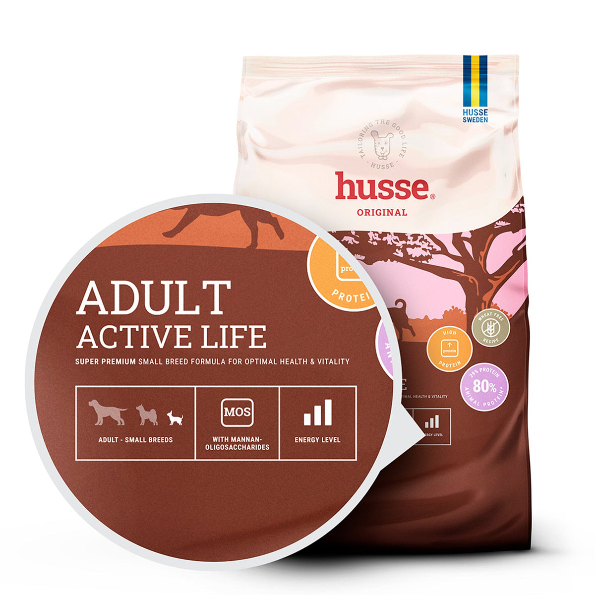 Husse Adult Active Life small breed dog food in a brown and pink bag with a callout for energy and vitality.