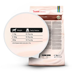 Daily ration feeding guide on a bag of husse Adult Active Life dry food, tailored for your small dog's energy.
