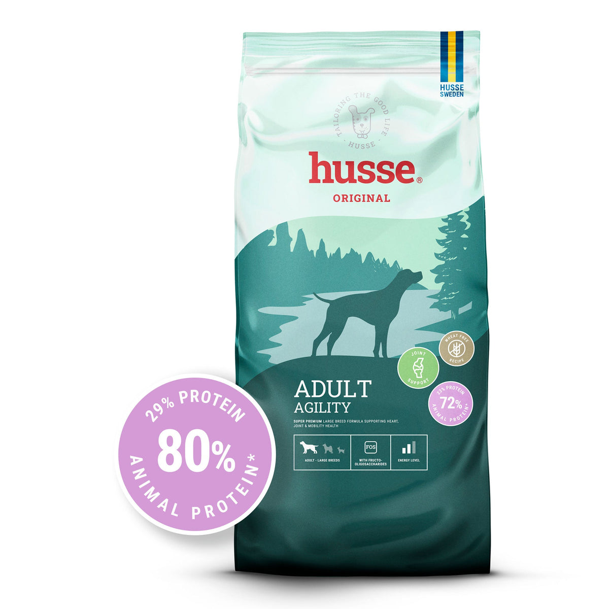 Ração Husse Adult Agility para cães de raças grandes, apoiando a saúde articular e mobilidade com 80% de proteína animal.