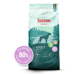 Ração Husse Adult Agility para cães de raças grandes, apoiando a saúde articular e mobilidade com 80% de proteína animal.