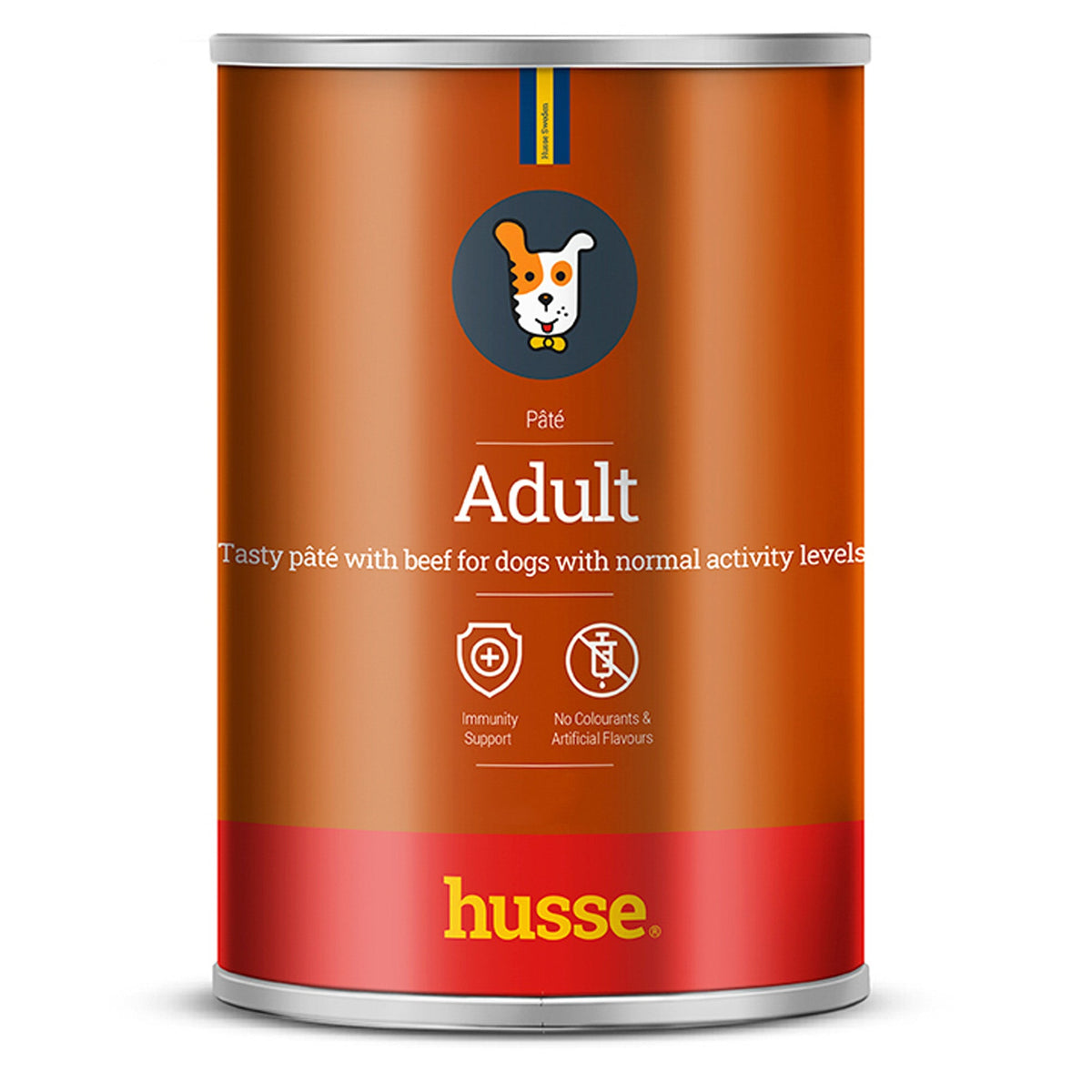Lata laranja e vermelha de 400 g de comida húmida em patê de vaca Husse para cão adulto.