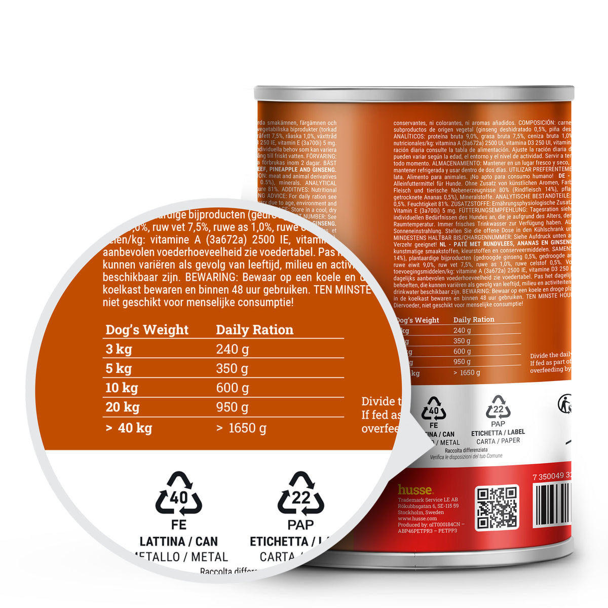 Guia de alimentação e ícones de reciclagem no verso da lata de paté de vaca para cão adulto Husse.
