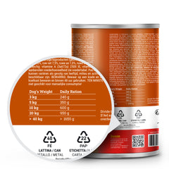 Guia de alimentação e ícones de reciclagem no verso da lata de paté de vaca para cão adulto Husse.
