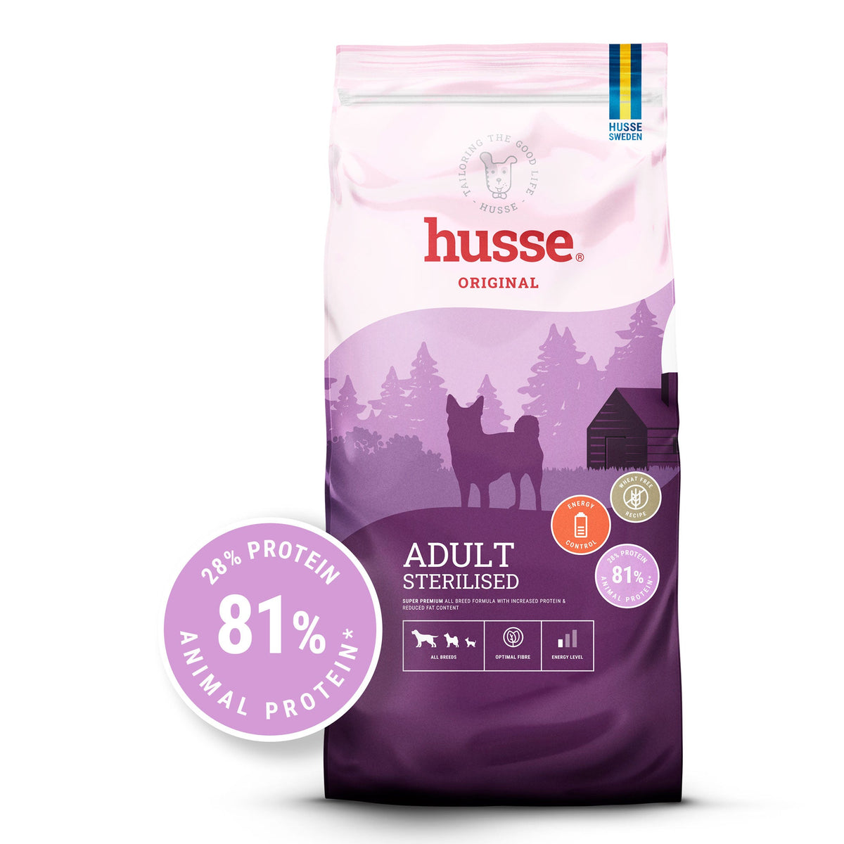 Saco de ração seca Husse Adult Sterilised em roxo e branco, destacando 81% de proteína animal para um peso saudável.