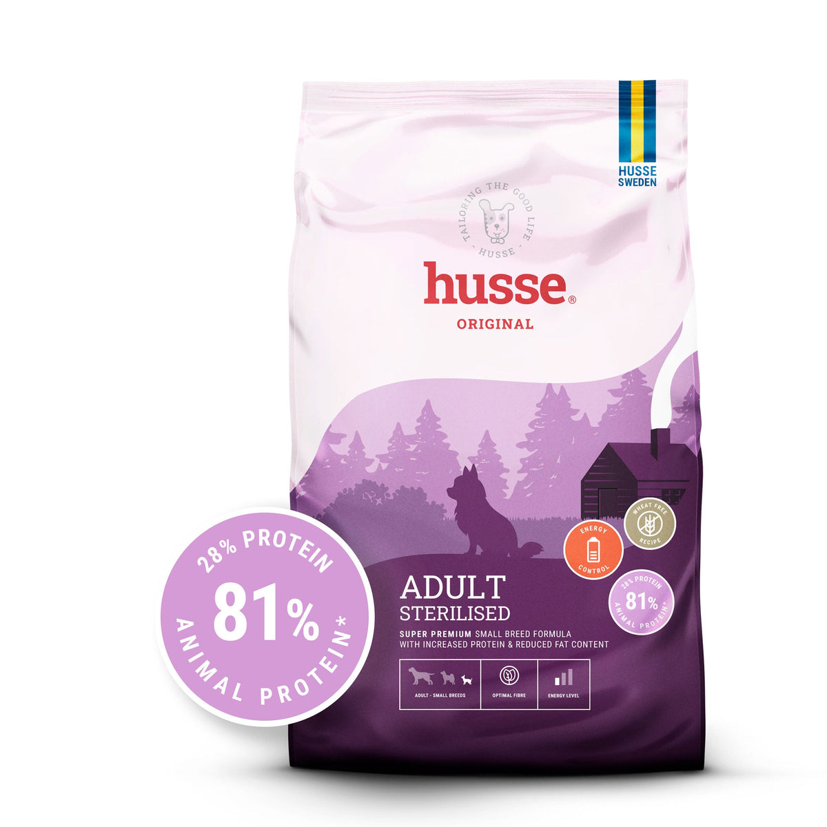Ração seca Husse Adult Sterilised em roxo e branco com selo de 81% de proteína animal para cães pequenos.