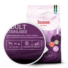 Husse Adult Sterilised dry food for small breed dogs, highlighting energy control and fibre for your pet.