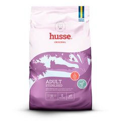 Husse Adult Sterilised cat food bag featuring purple graphics and a cat silhouette for weight control.