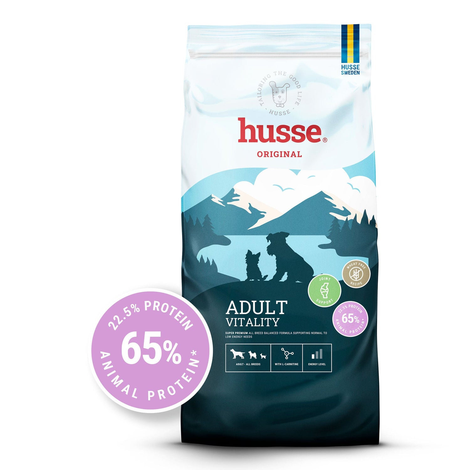 Ração seca Husse Adult Vitality para cães com energia moderada, com design de montanhas azul-petróleo.
