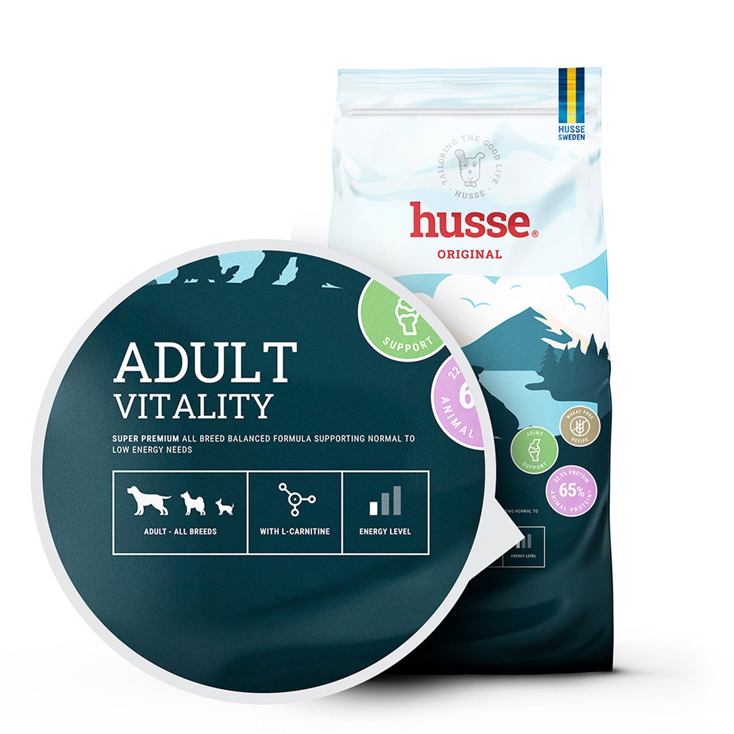 Saco de ração para cães Husse Adult Vitality com paisagem de montanha e ícones de suporte articular e L-carnitina.