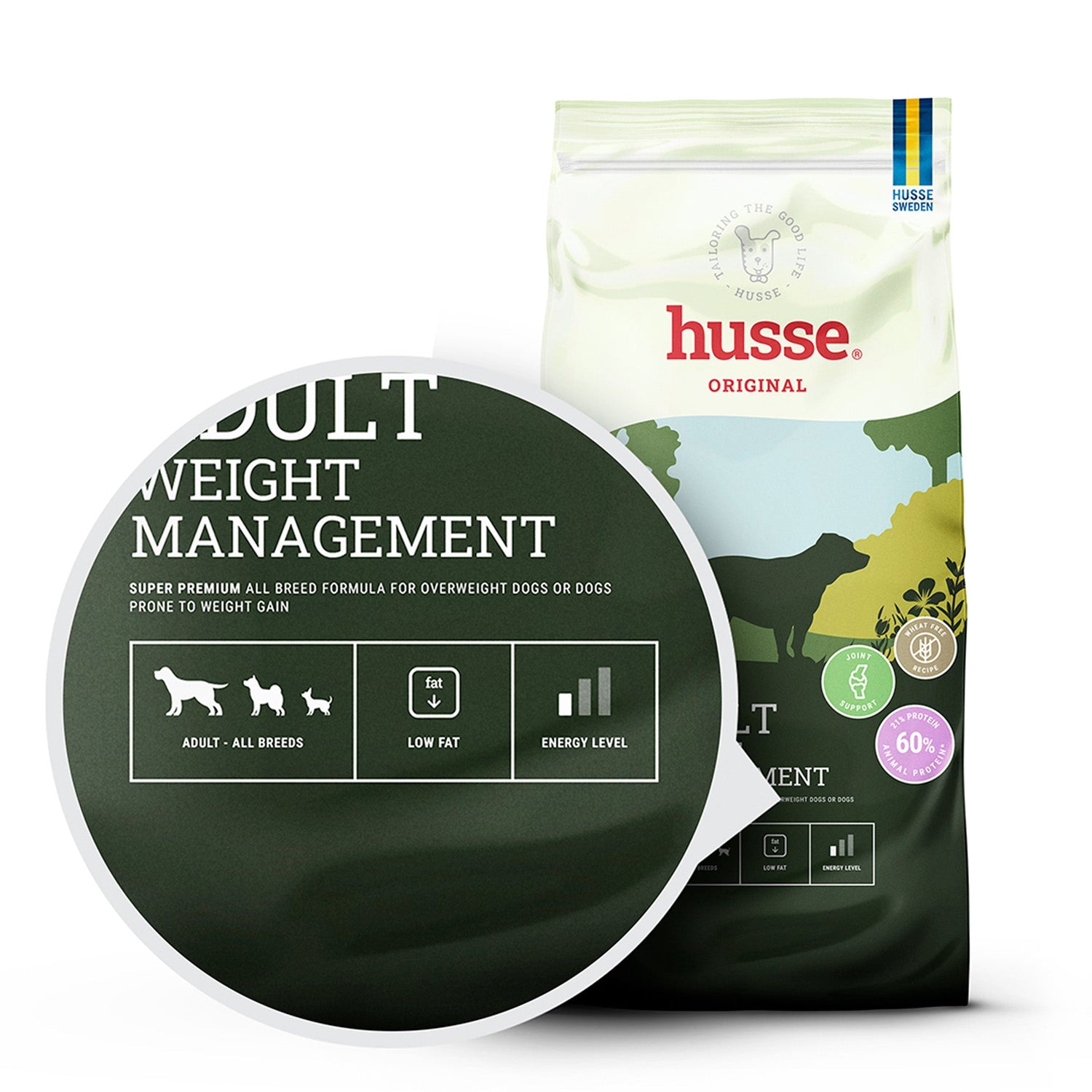 Saco de ração seca Husse Adult Weight Management com detalhe dos benefícios de baixo teor de gordura.