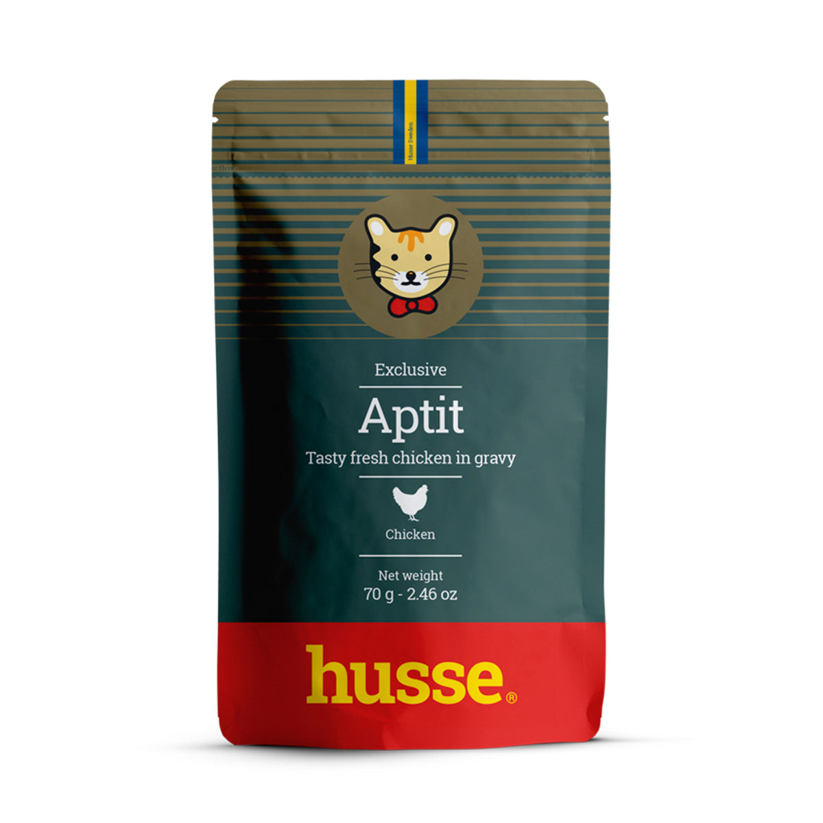 Saqueta verde e vermelha de 70 g de alimento húmido Husse Aptit para gato, com frango em molho e ilustração de gato.