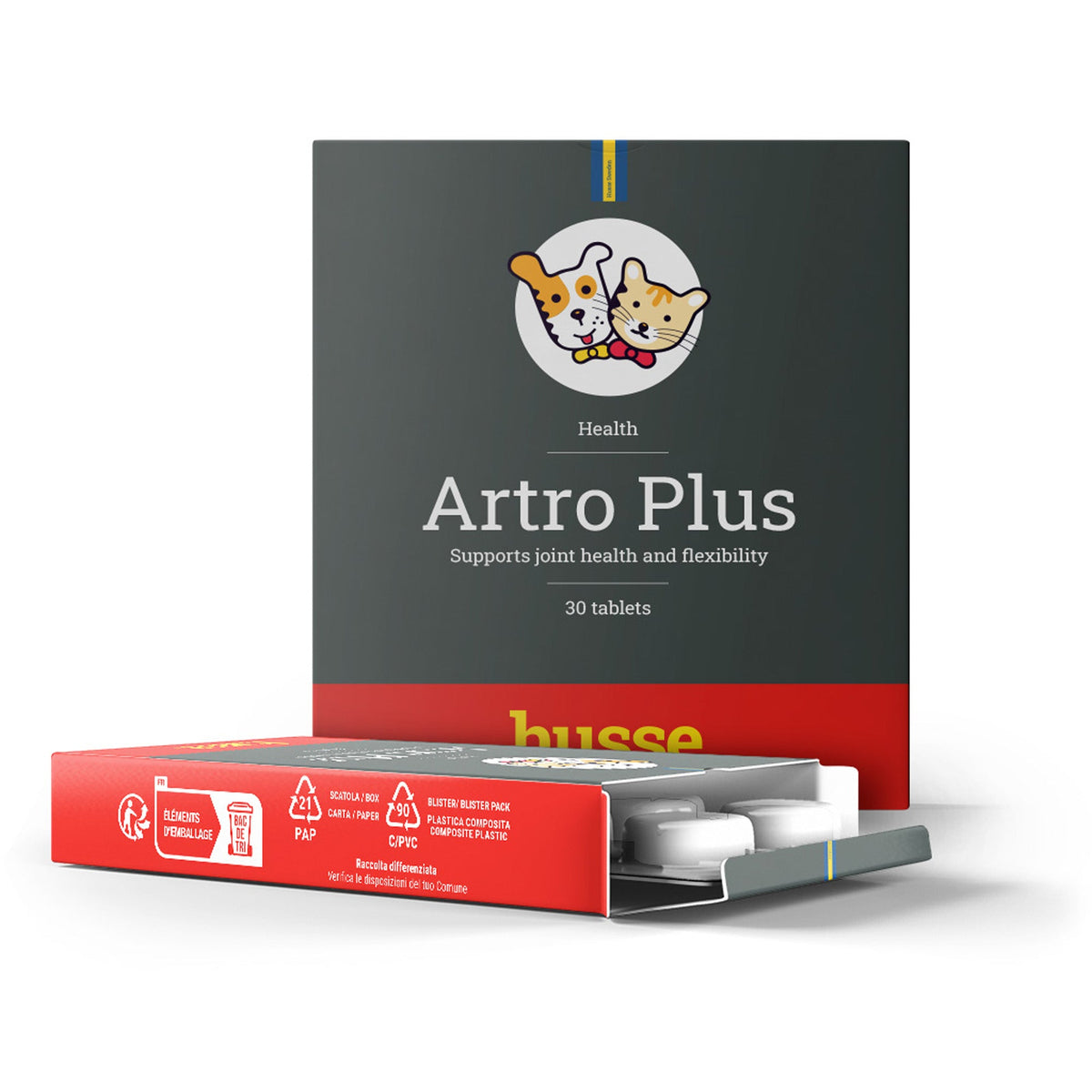 Suplemento articular Artro Plus da Husse em embalagem cinzenta com comprimidos brancos em blister.