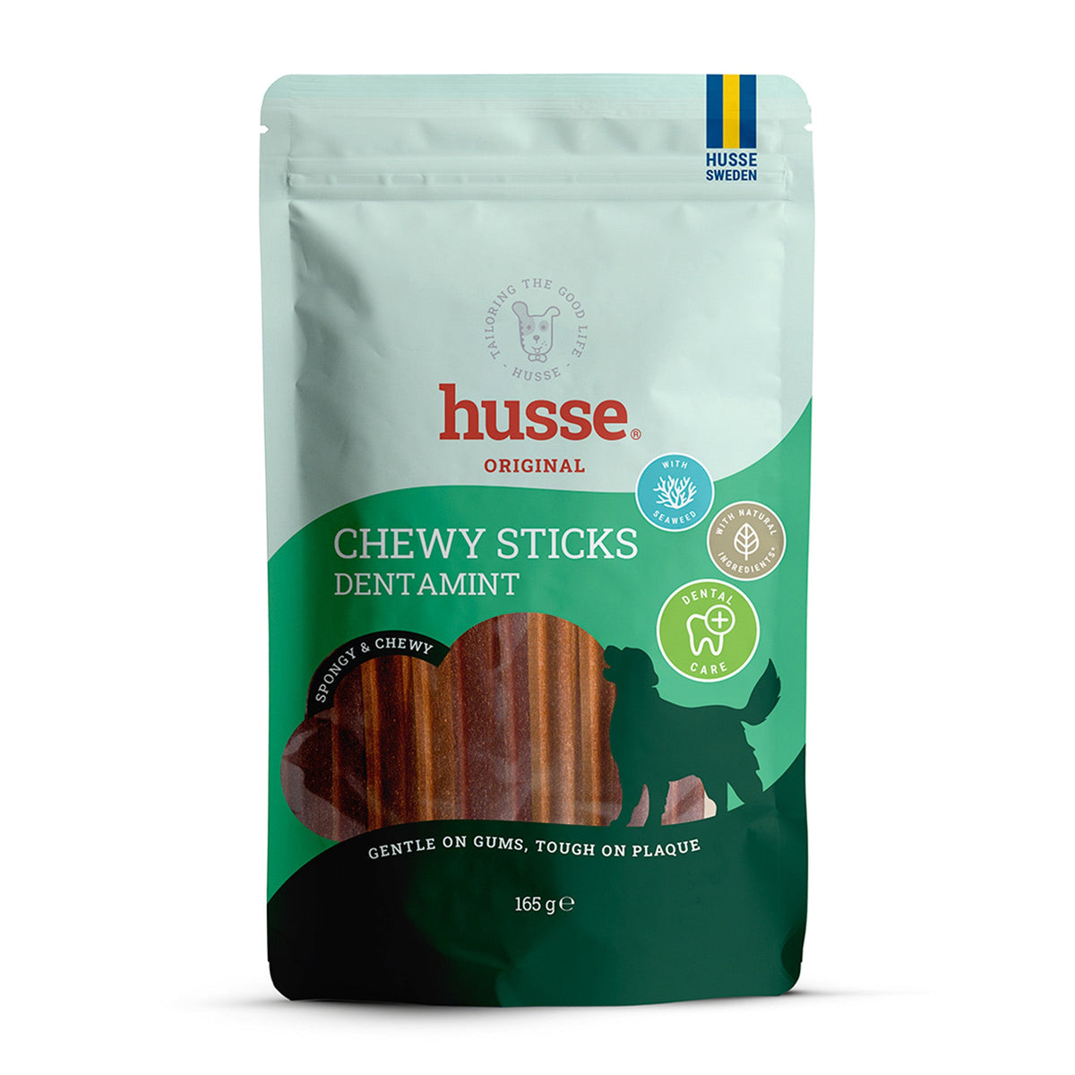 Embalagem de 165 g de Husse Chewy Sticks DentaMint com mastigáveis dentários castanhos e esponjosos para cão.