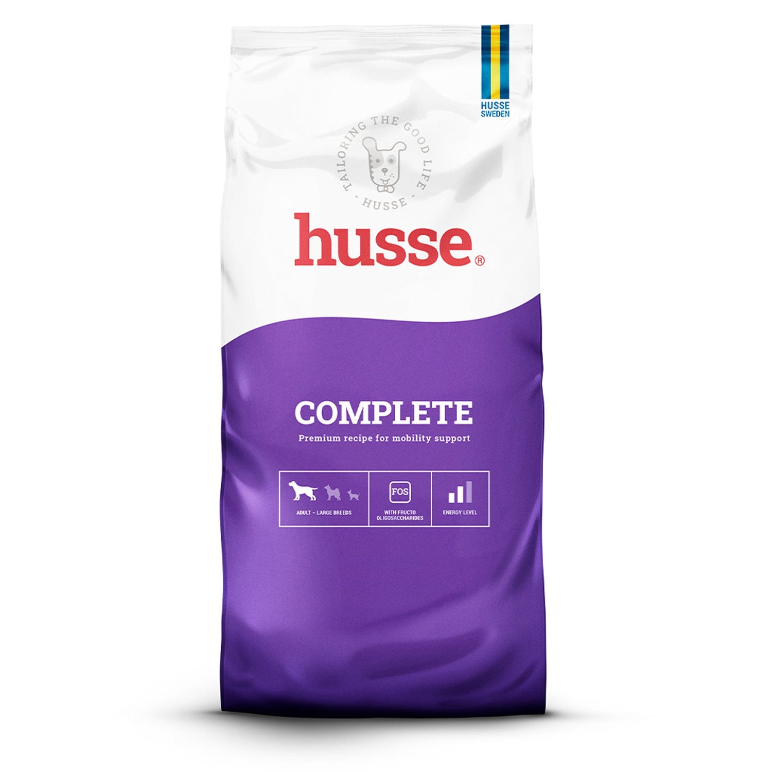 Ração seca Husse Complete para cães de porte grande em saco branco e roxo, que apoia a mobilidade e as articulações.