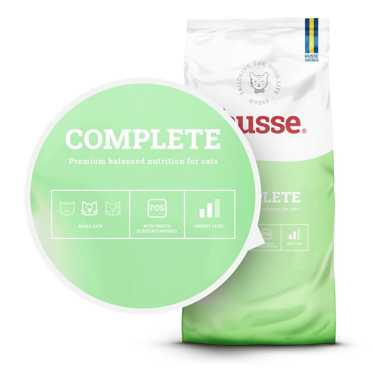 Saco de ração seca Husse Complete, branco e verde, destacando nutrição equilibrada e prebióticos para gatos adultos.