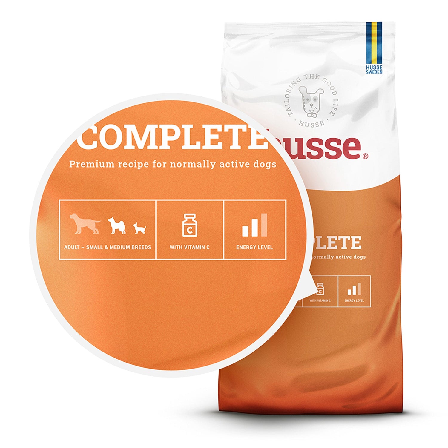 Saco de ração seca Husse Complete em laranja e branco com destaque para a vitamina C e ícones de porte.