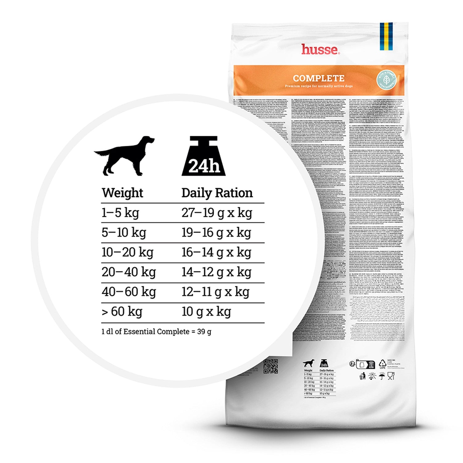 Saco branco de ração seca Husse Complete com guia de alimentação diária ampliado.