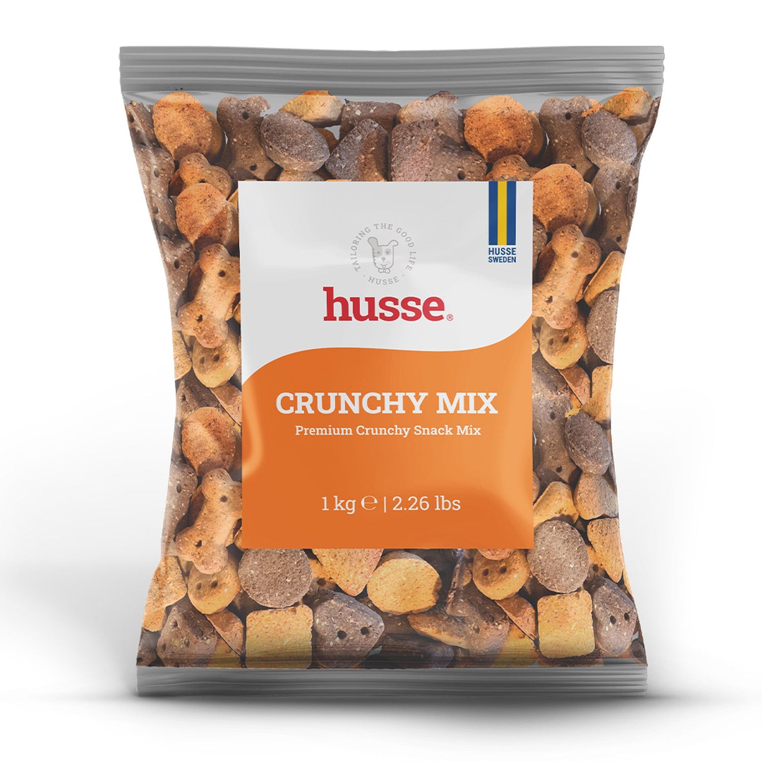 Saco de 1 kg de biscoitos assados no forno Husse Crunchy Mix em vários formatos para cão.