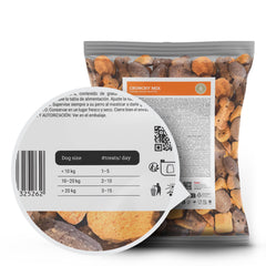 Sortido de biscoitos de forno Husse Crunchy Mix em tons terrosos, com guia de alimentação.