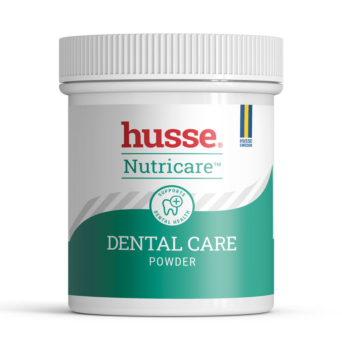 Embalagem branca de 100 g de pó Husse Nutricare Dental Care para a higiene oral de cães e gatos.