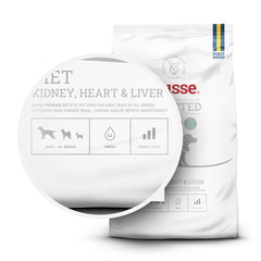 Detalhe do saco Husse Diet Kidney, Heart & Liver com ícones nutricionais de apoio aos órgãos vitais.