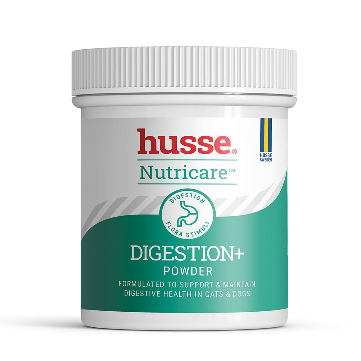 Husse Digestion+ em pó num frasco branco para apoiar a saúde digestiva de cães e gatos.