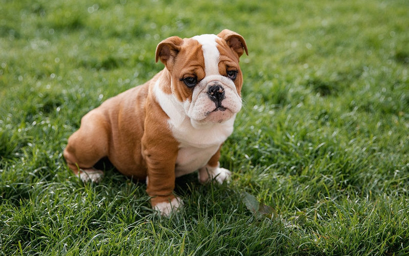 Brown and white english bulldog puppy sitting upright on grass