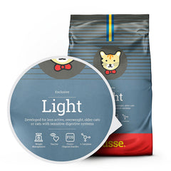 Saco de ração Husse Exclusive Light para gatos com destaque para o controlo de peso e ingredientes principais.