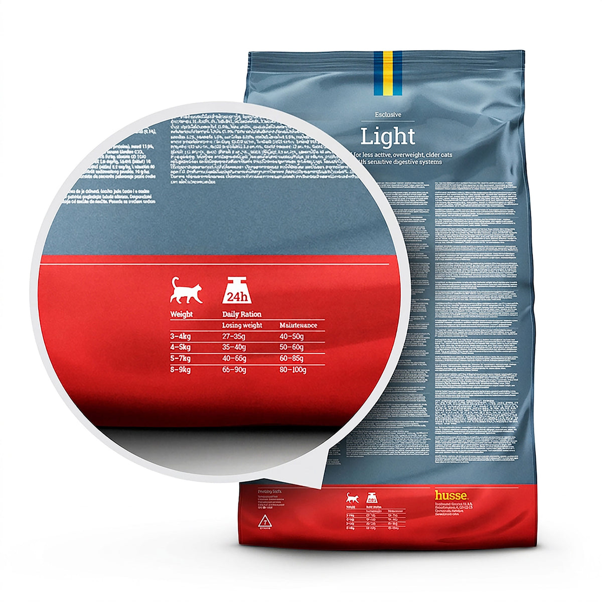 Saco azul e vermelho de ração para gato Husse Exclusive Light com detalhe ampliado da tabela de doses diárias.