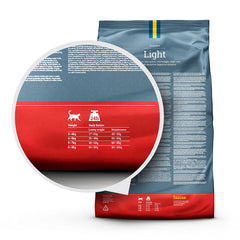 Saco azul e vermelho de ração para gato Husse Exclusive Light com detalhe ampliado da tabela de doses diárias.