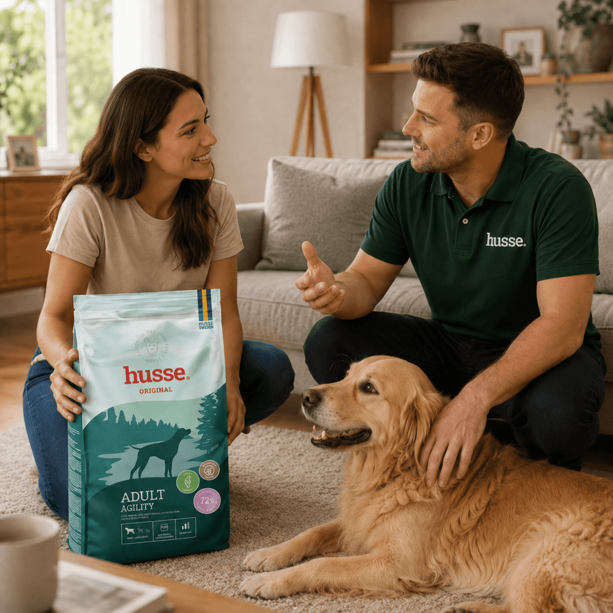 Husse advisor showing a bag of dog food to a customer at home with her golden retriever