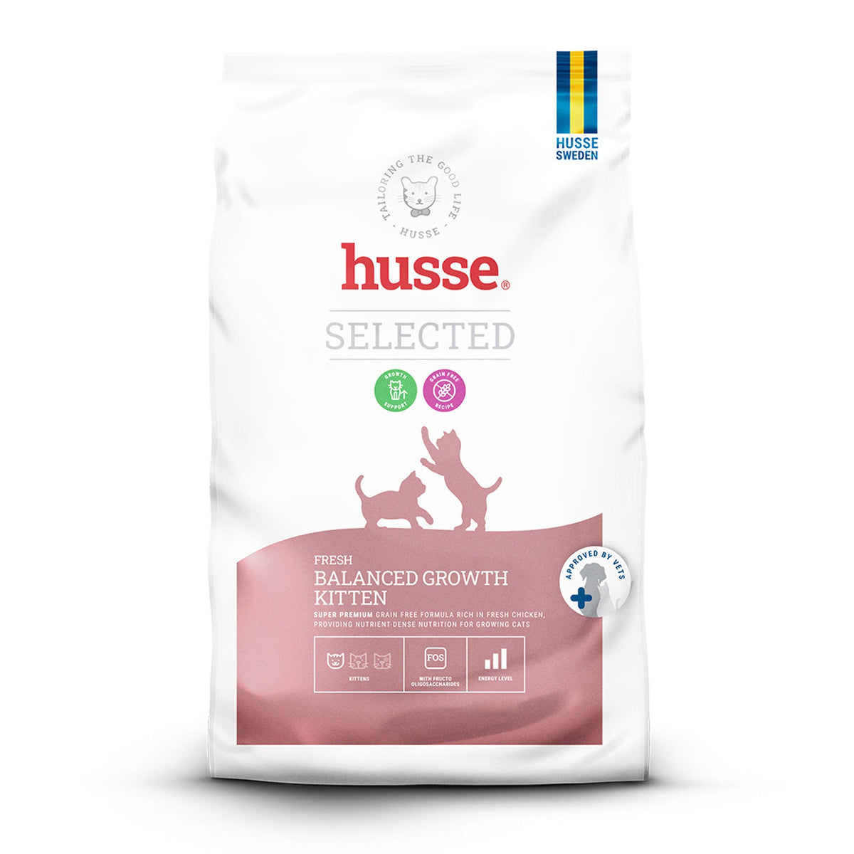 Saco de ração seca Husse Selected Fresh Balanced Growth Kitten, receita sem cereais para o desenvolvimento do gatinho.