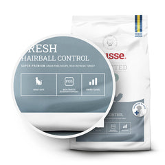 Saco de ração sem cereais Husse Fresh Hairball Control com grande plano dos seus ícones nutricionais.