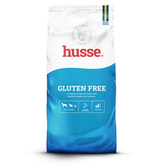 Saco de ração seca Husse Gluten Free em branco e azul, para apoiar a digestão do cão.