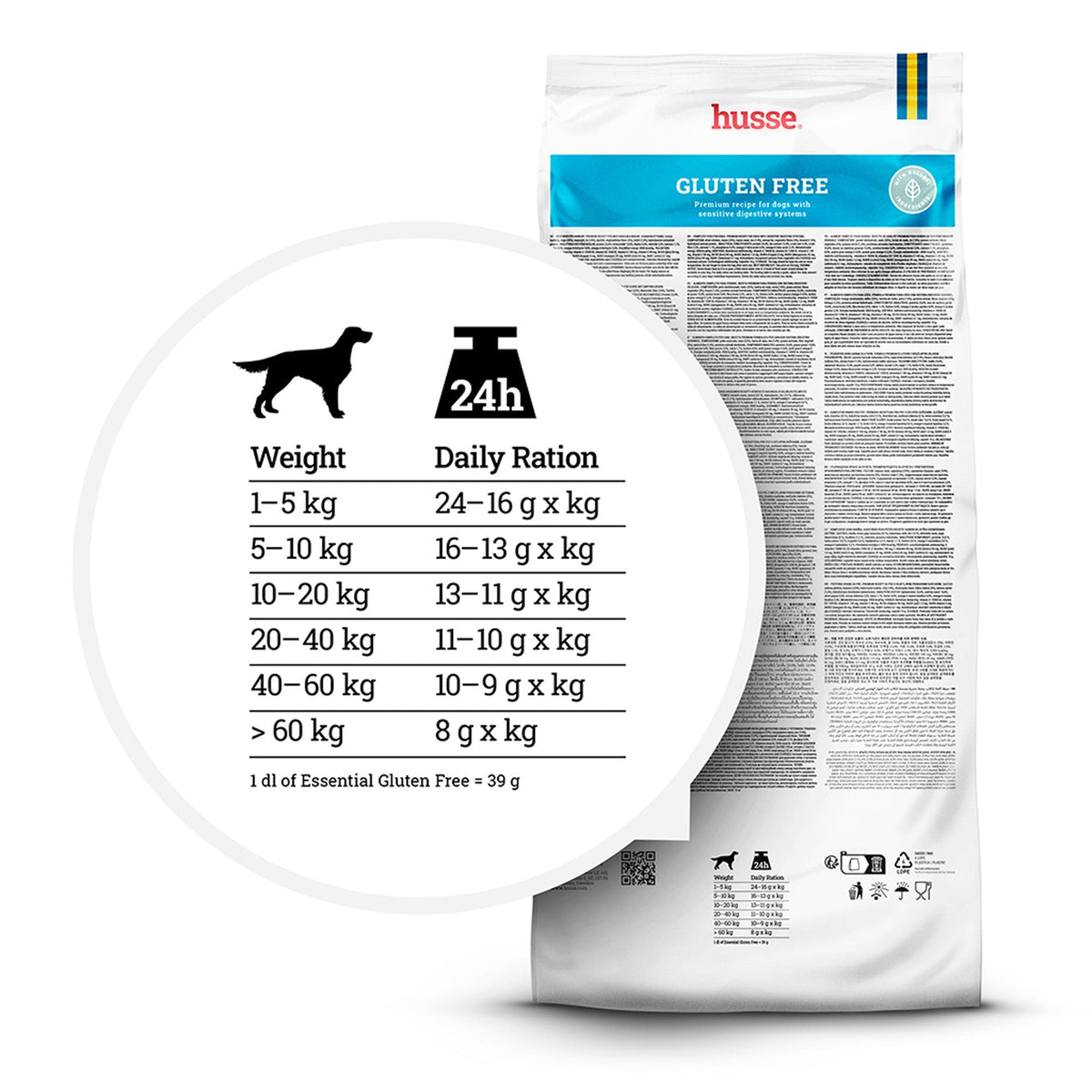 Guia de alimentação diária para cão adulto Husse Gluten Free com porções por peso.