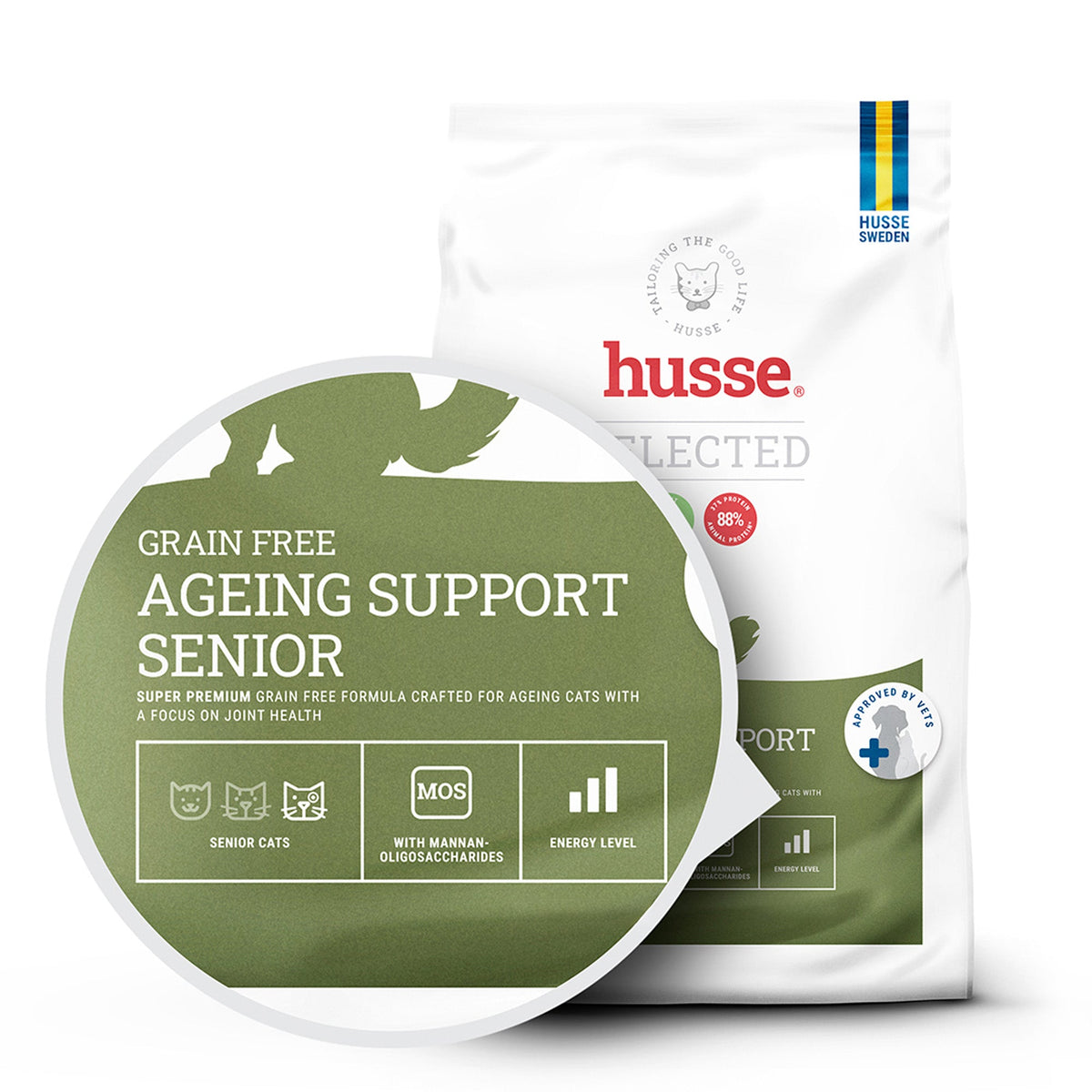 Saco branco de ração para gato Husse Grain Free Ageing Support Senior destacando mobilidade e digestão.