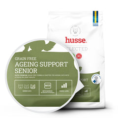 Saco branco de ração para gato Husse Grain Free Ageing Support Senior destacando mobilidade e digestão.