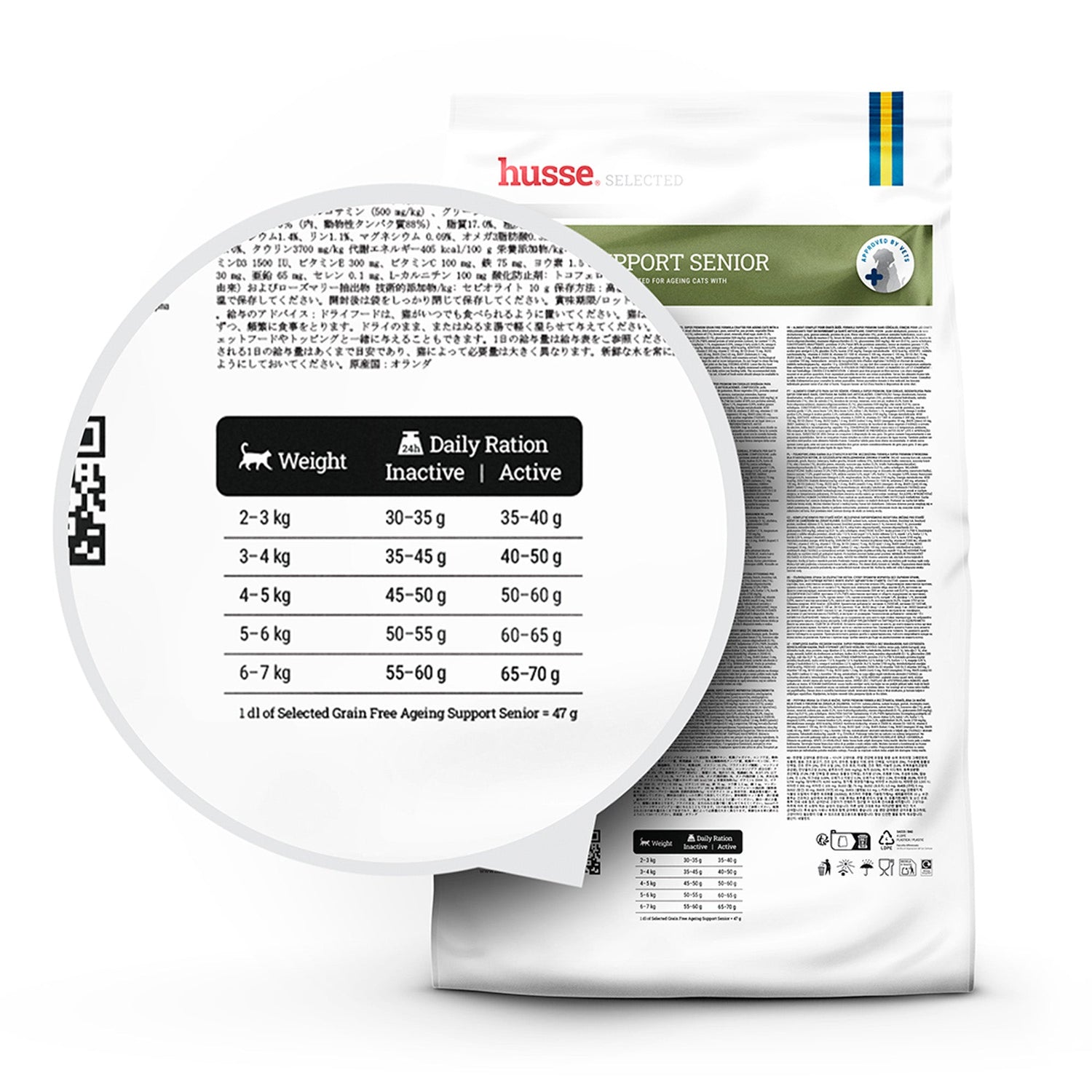 Tabela de doses diárias para gatos seniores na embalagem branca Husse Grain Free Ageing Support Senior.