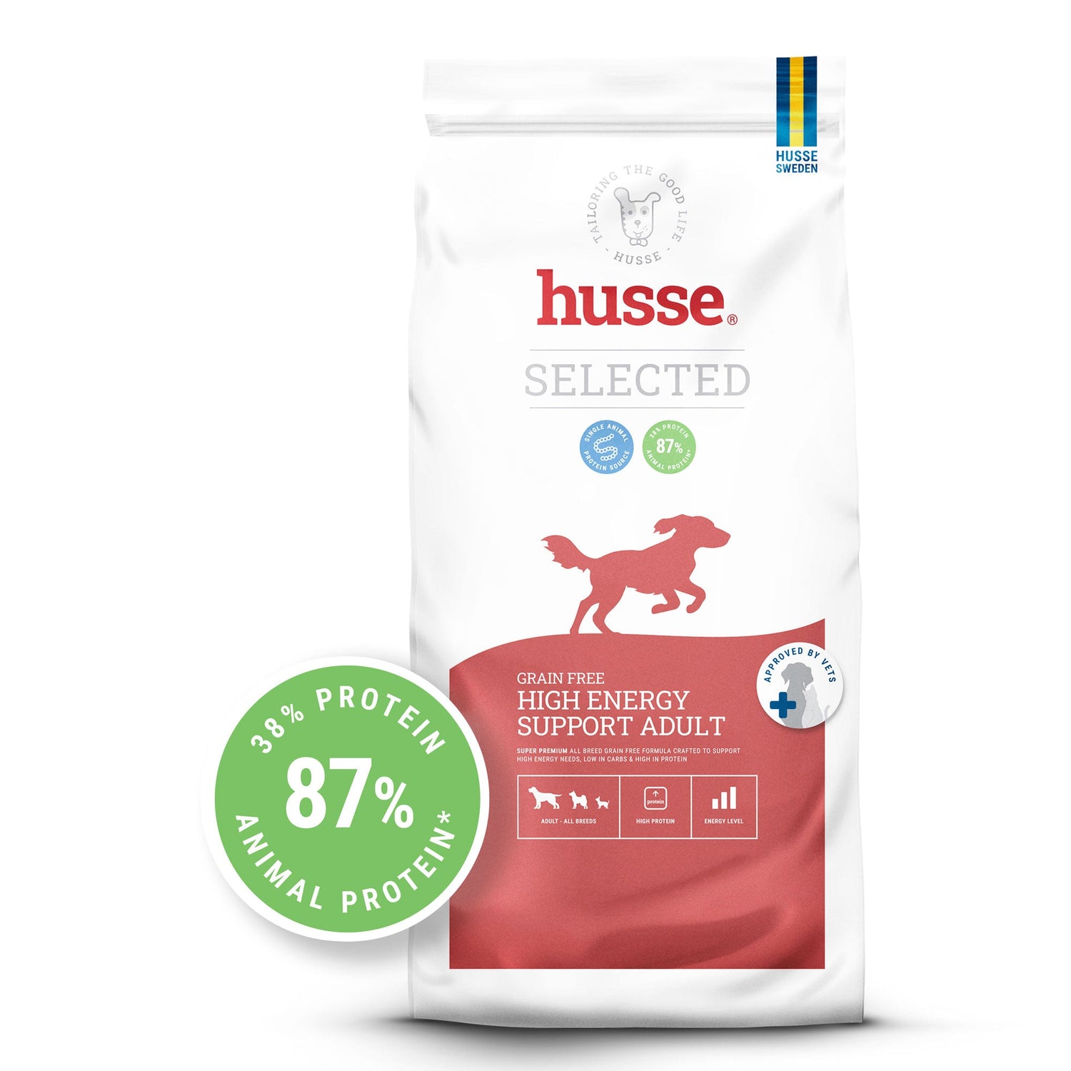 Saco branco de ração Husse Grain Free High Energy Support Adult com a silhueta vermelha de um cão a correr.