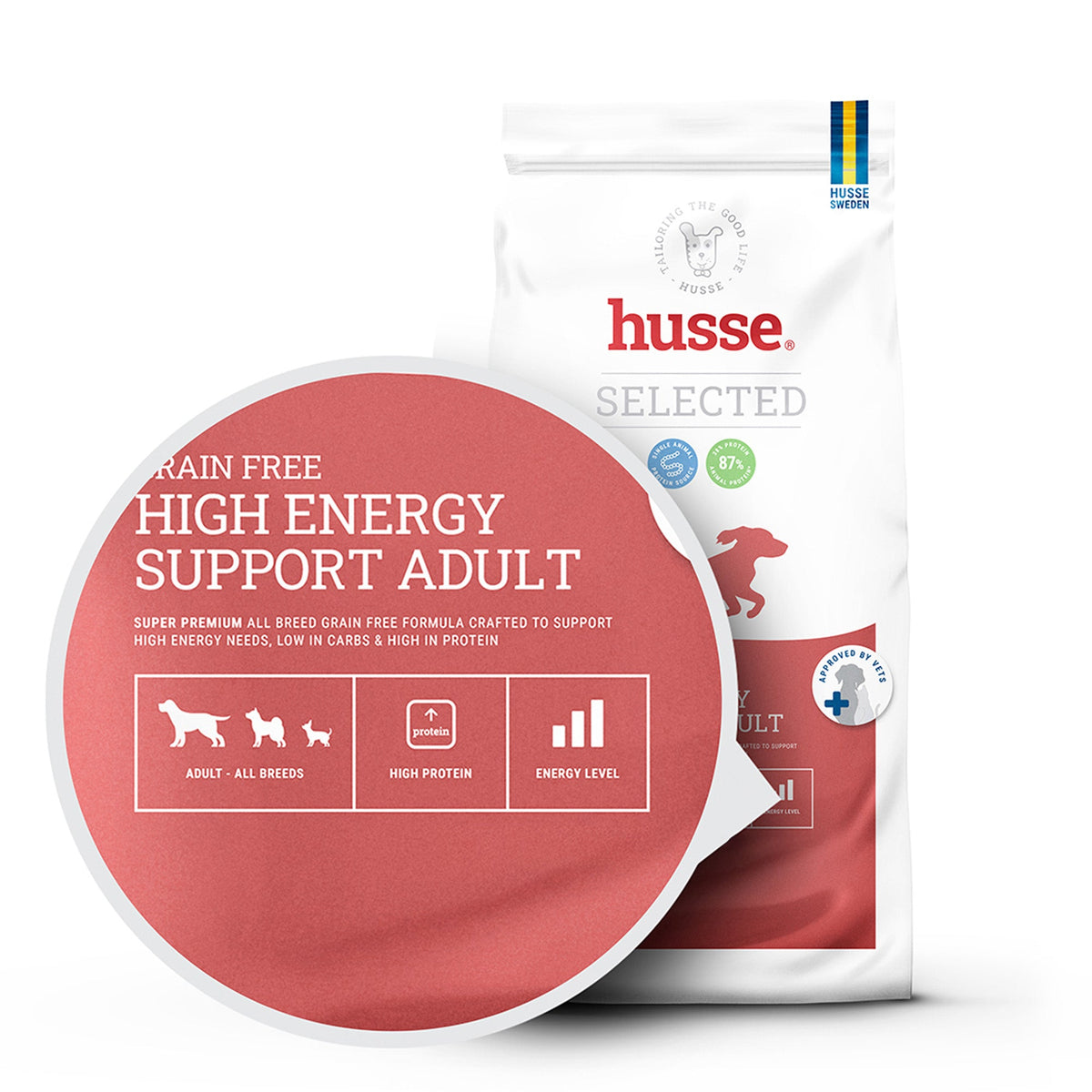 Saco de ração Husse Grain Free High Energy Support Adult com gráfico vermelho para cães ativos e sensíveis.
