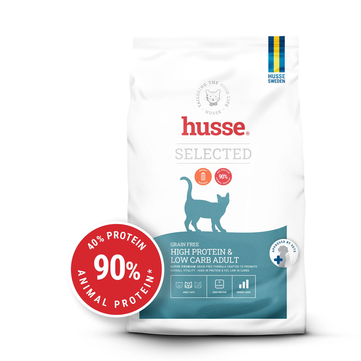 Ração seca Husse sem cereais e rica em proteína para gatos adultos ativos, com selo de 90% de proteína animal.