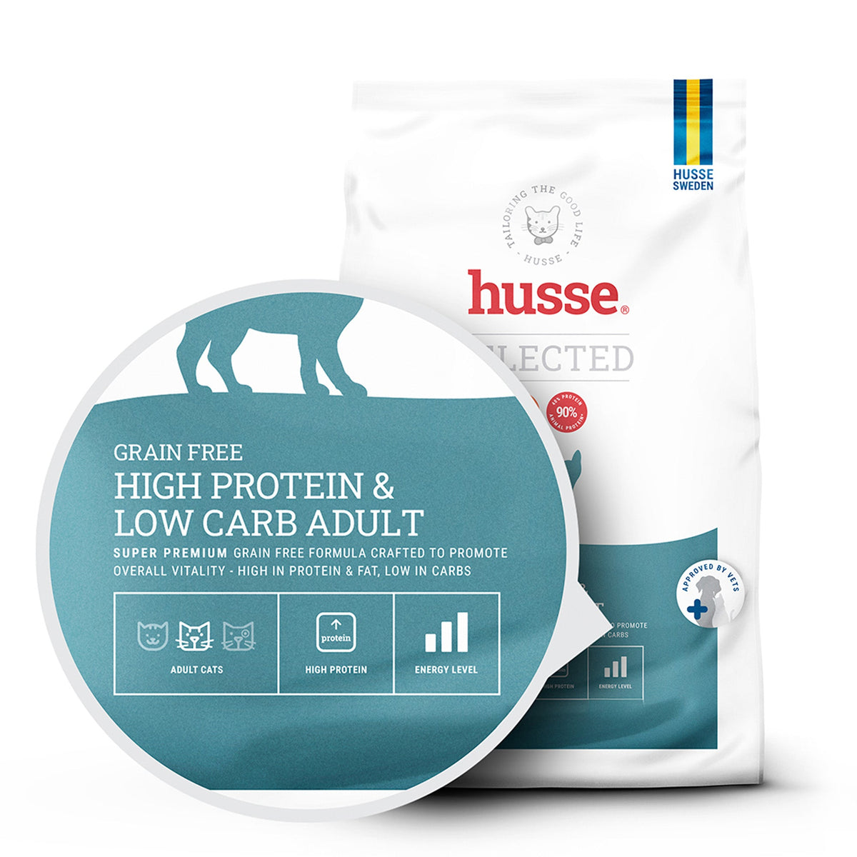 Ração Husse sem cereais e rica em proteína para gatos adultos ativos, com ícones de energia em azul-turquesa.