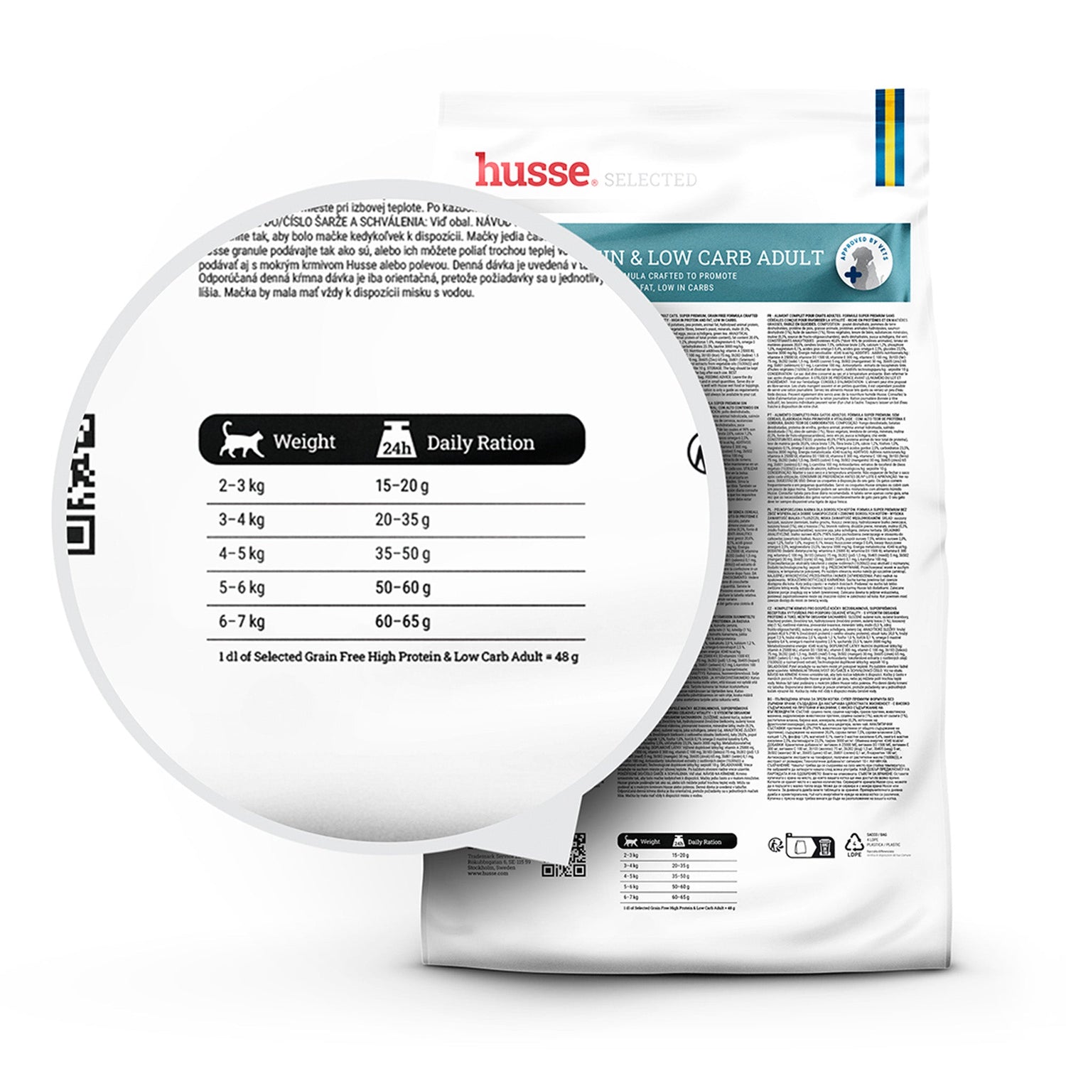 Guia de alimentação diária em detalhe no saco branco de ração sem cereais para gatos ativos Husse.