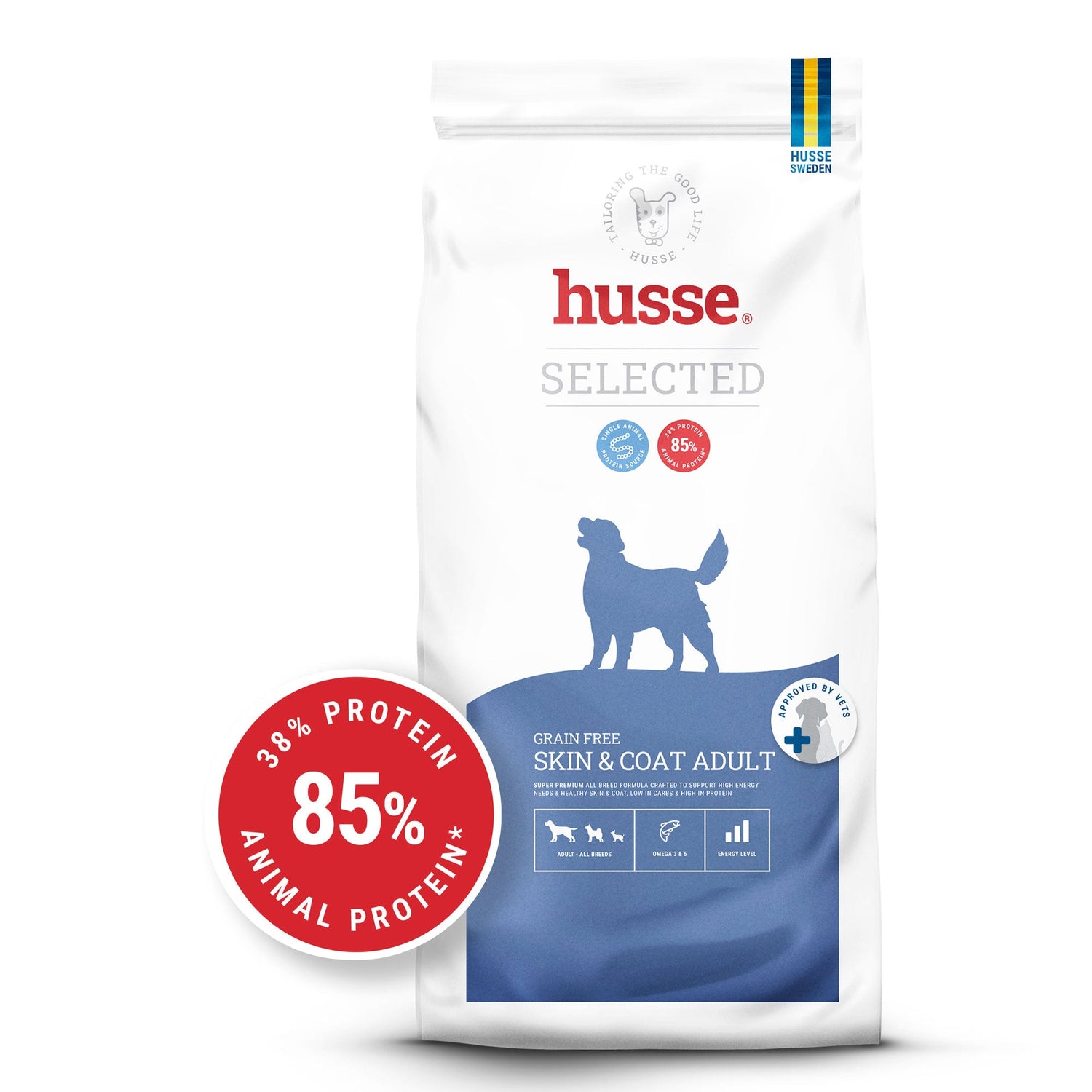 Saco de ração para cão Husse Grain Free Skin & Coat Adult com selo vermelho de 85% de proteína animal.